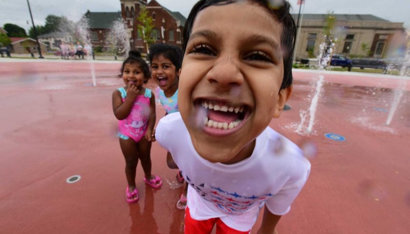 Children at splash pad at Wenzel Family Plaza Marshfield WI